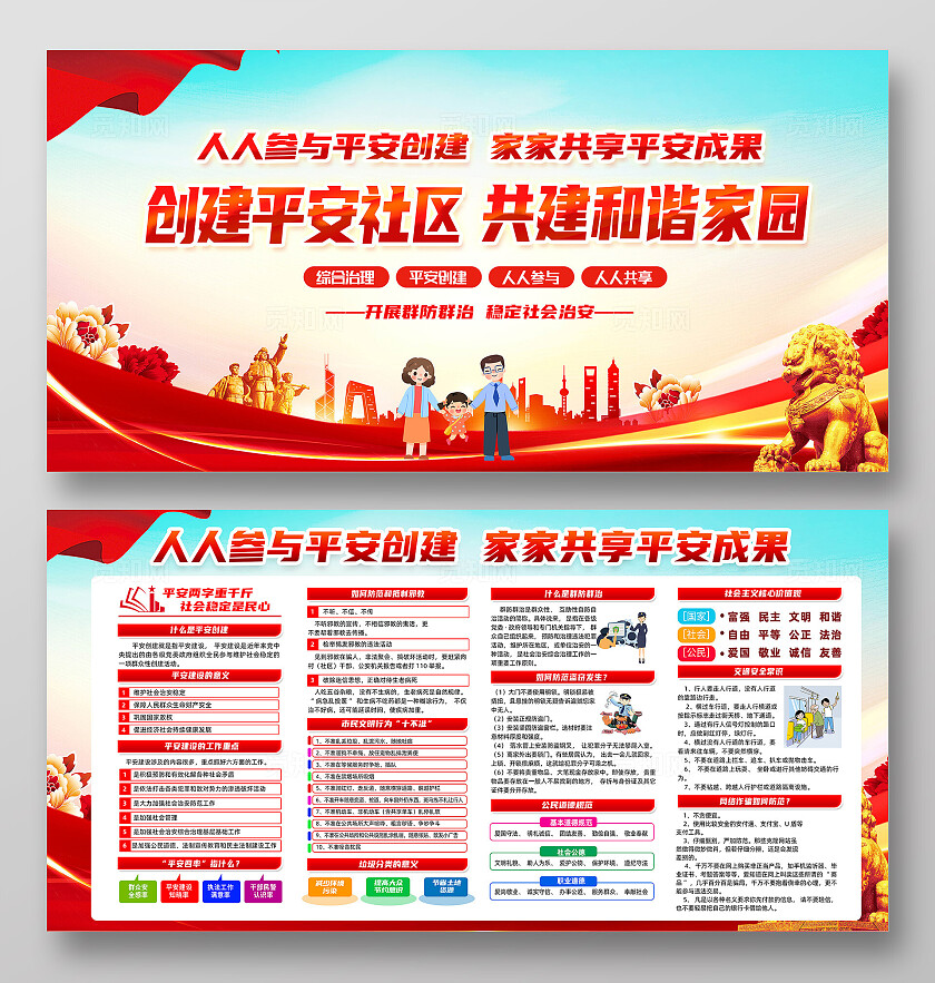 红色简约创建平安社区共建和谐家园平安建设展板宣传