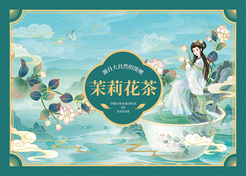 绿色国潮茶包装插画插画茉莉花茶绿茶