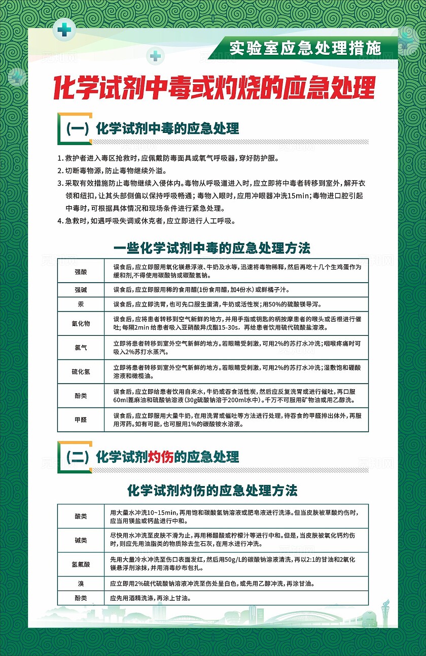 绿色大气2024化学试剂中毒或灼烧的应急处理展板