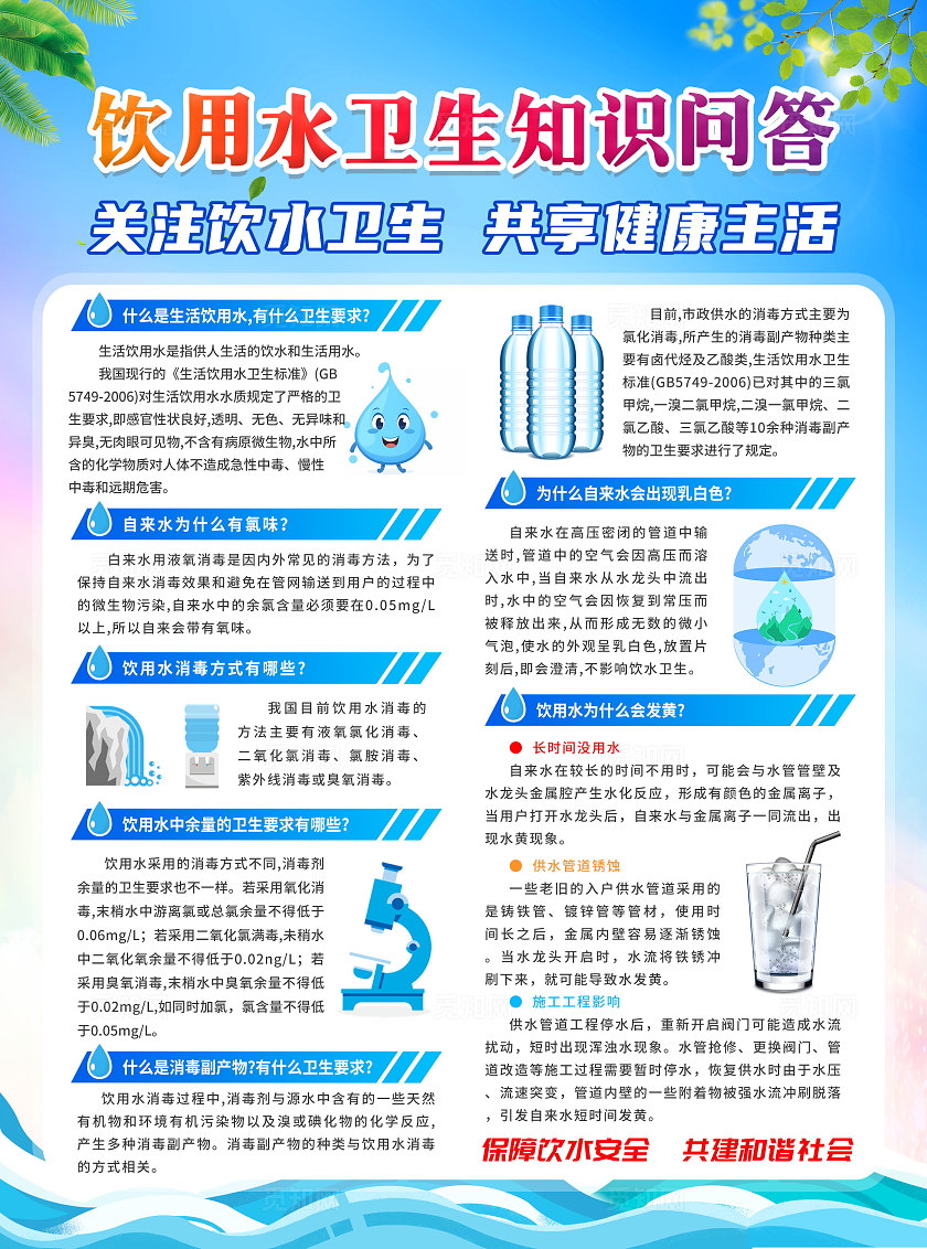 蓝色简约插画风2024年饮用水安全宣传周科普知识宣传单设计饮用水卫生宣传周