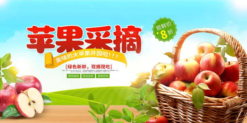 蓝色时尚苹果采摘水果促销展板设计