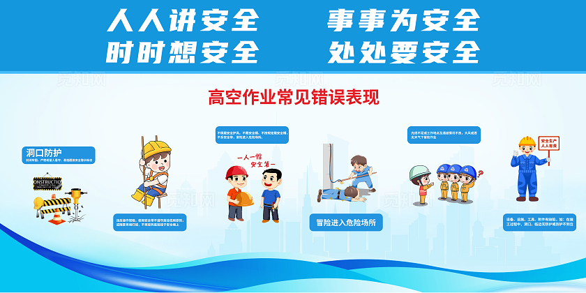蓝色卡通人人讲安全工地安全建筑安全全国安全生产月展板宣传