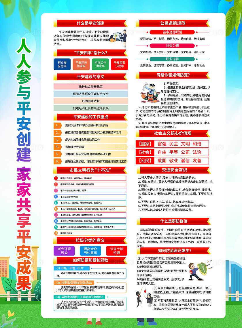 绿色卡通平安建设人人参与平安建设宣传单