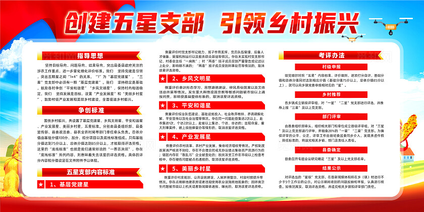 红色简约创建五星支部振兴美丽乡村乡村振兴展板宣传
