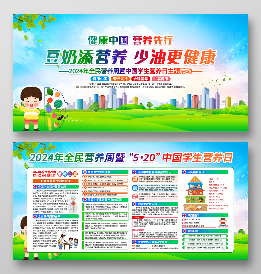 蓝色简约豆奶添营养少油更健康 全国学生营养日全民营养周宣传栏