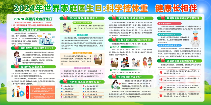 蓝色清新简约卡通2024年世界家庭医生日知识科普宣传栏展板设计