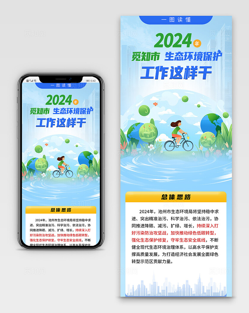 蓝色卡通2024生态环境保护保护环境长图宣传