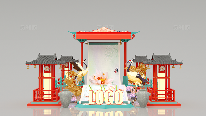 地产美陈美陈装置中式美陈房地产美陈新年古唐风中庭景观小品美陈设计