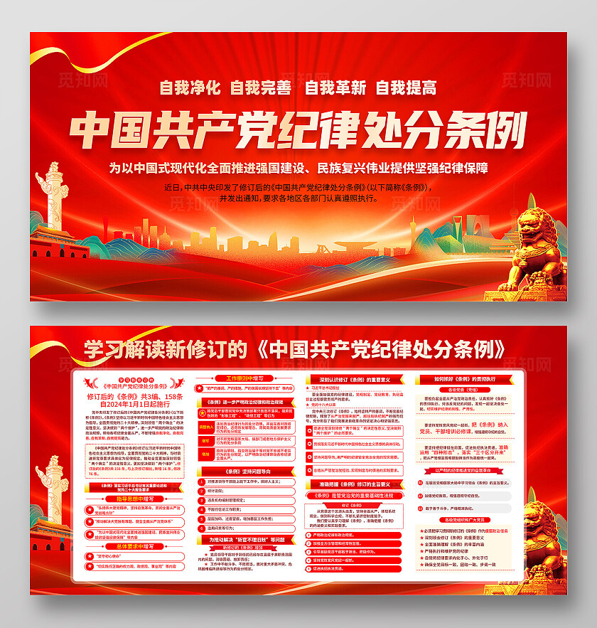 红色简约聚焦新修订的党纪处分条例展板宣传