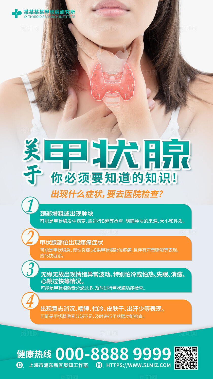 绿色创意大气甲亢甲减甲状腺结节手机文案海报