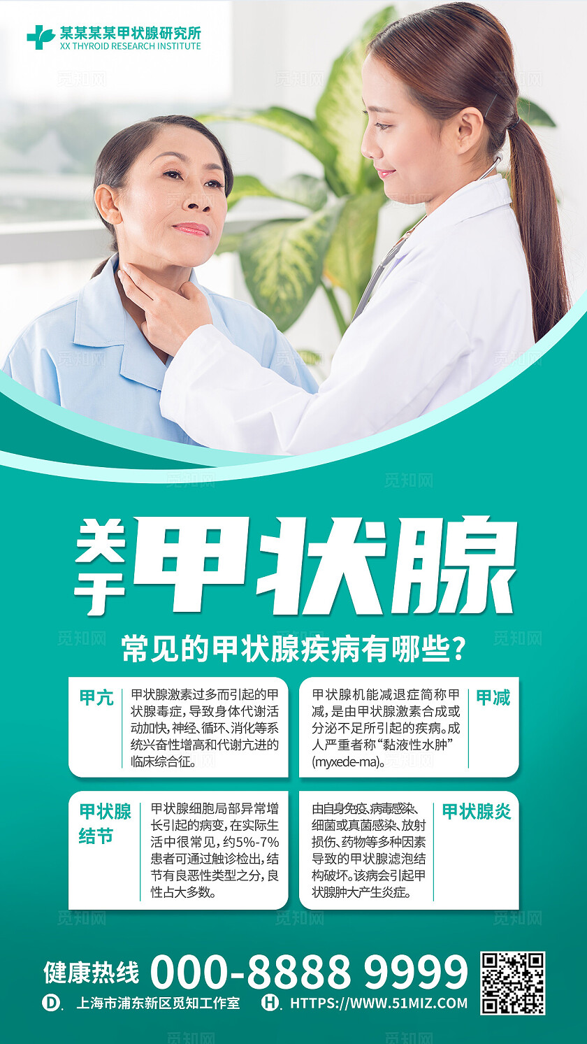 绿色创意大气甲亢甲减甲状腺结节手机文案海报.PSD