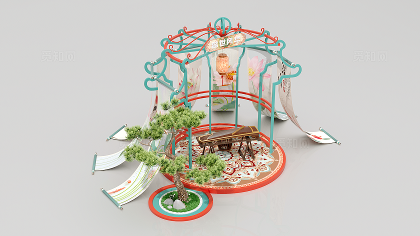 地产美陈美陈装置中式美陈房地产美陈新年古唐风古筝亭子美陈设计