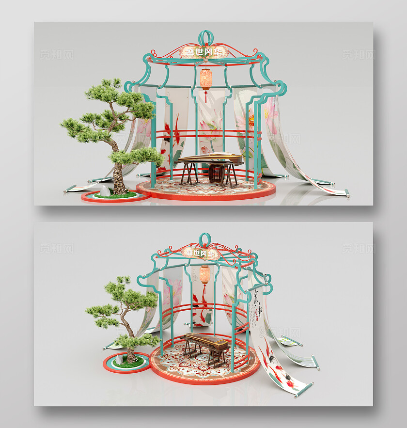 地产美陈美陈装置中式美陈房地产美陈新年古唐风古筝亭子美陈设计