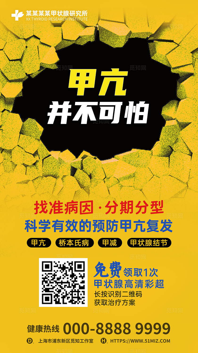黄色创意大气甲亢甲减甲状腺结节手机文案海报.PSD