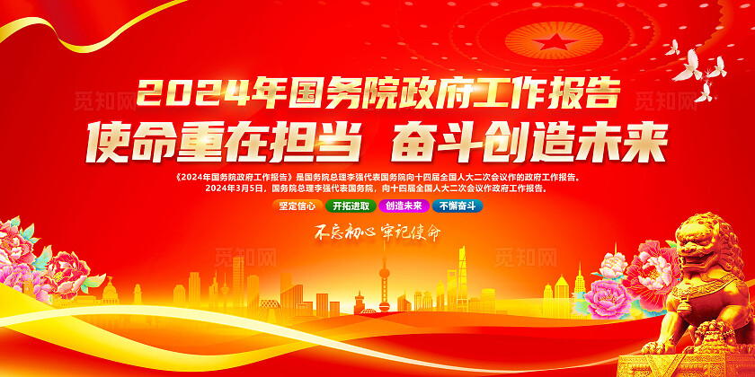红色简约使命重在担当2024年全国两会工作报告展板宣传