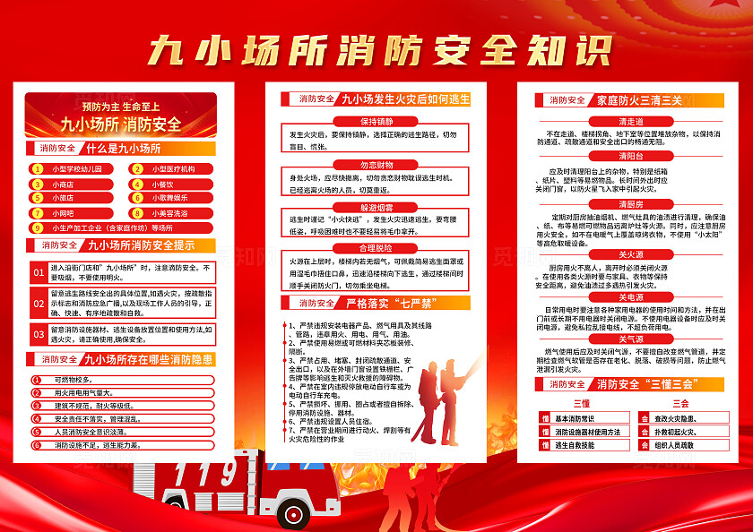红色简约九小场所消防安全知识消防三折页宣传