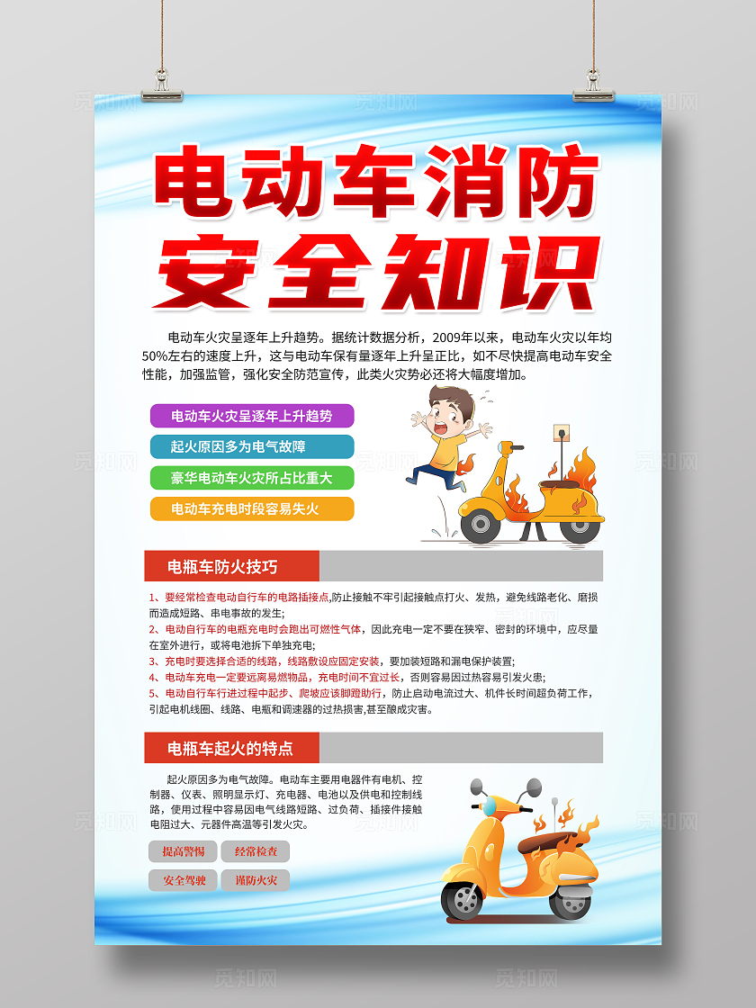 蓝色卡通电动车消防安全知识消防海报宣传