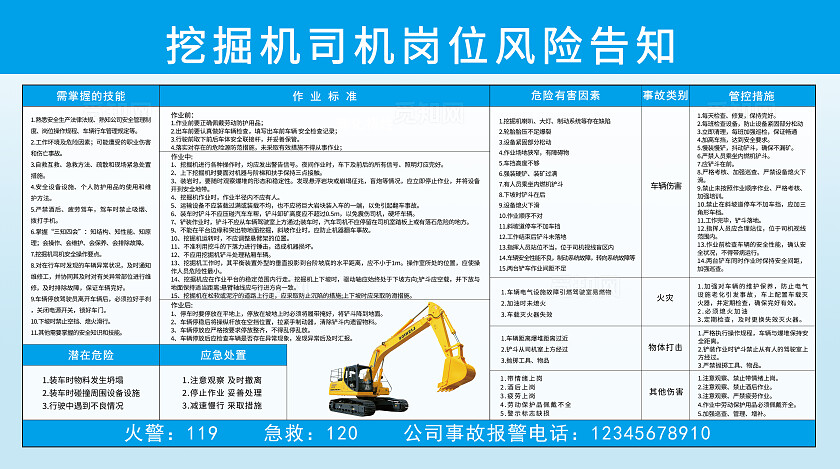 蓝色挖掘机司机岗位风险告知