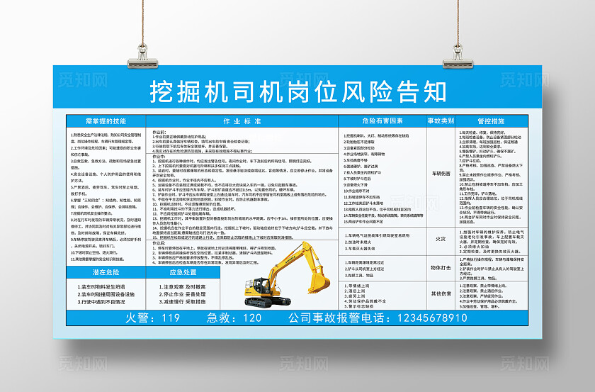 蓝色挖掘机司机岗位风险告知