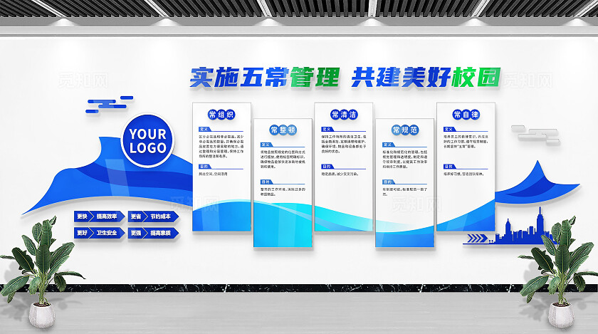 蓝色学校食堂五常法酒店五常法企业文化墙