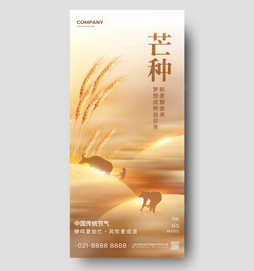 黄色剪影风芒种二十四节气手机宣传海报