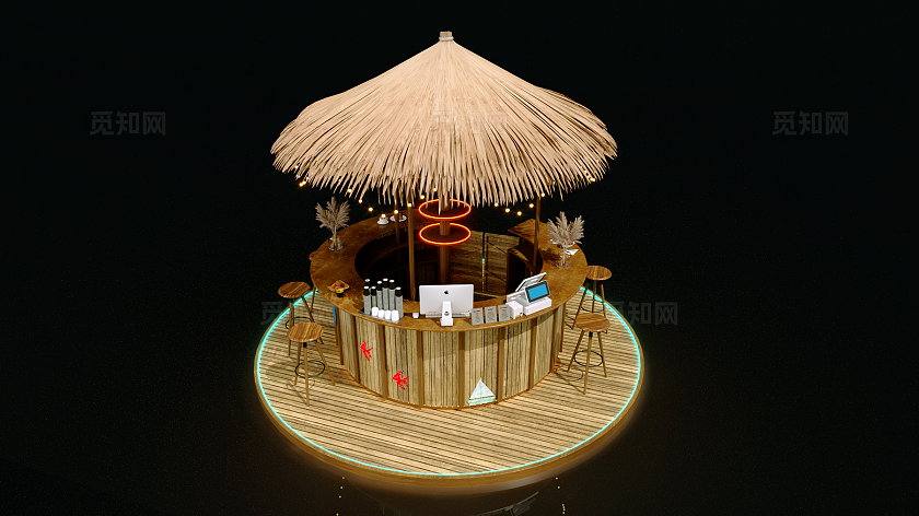 海岛沙滩茅草屋水吧台美陈设计