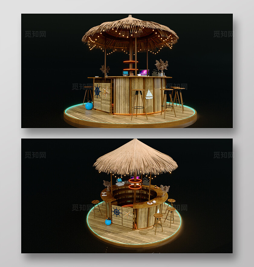 海岛沙滩茅草屋水吧台美陈设计