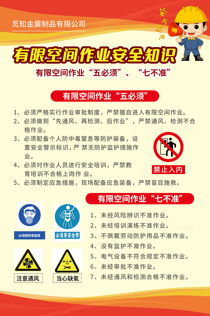 黄色简约有限空间作业安全知识文案海报
