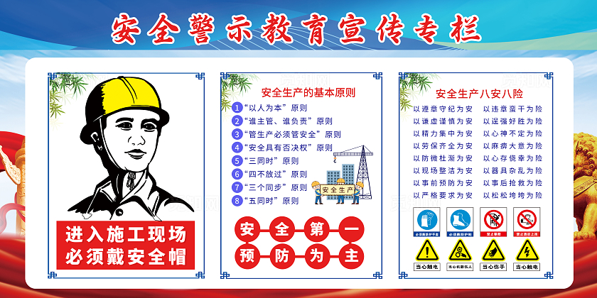 蓝色大气安全警示教育宣传栏必须戴安全帽