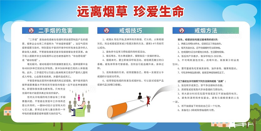 蓝色清新远离烟草珍惜生命背景展板戒烟