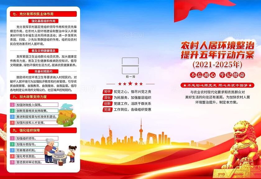 蓝色党建农村人居环境整治提升五年行动方案三折页农村人居环境整治人居环境
