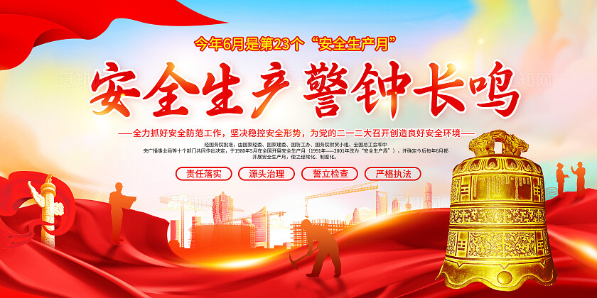 红色党建风安全生产警钟长鸣展板