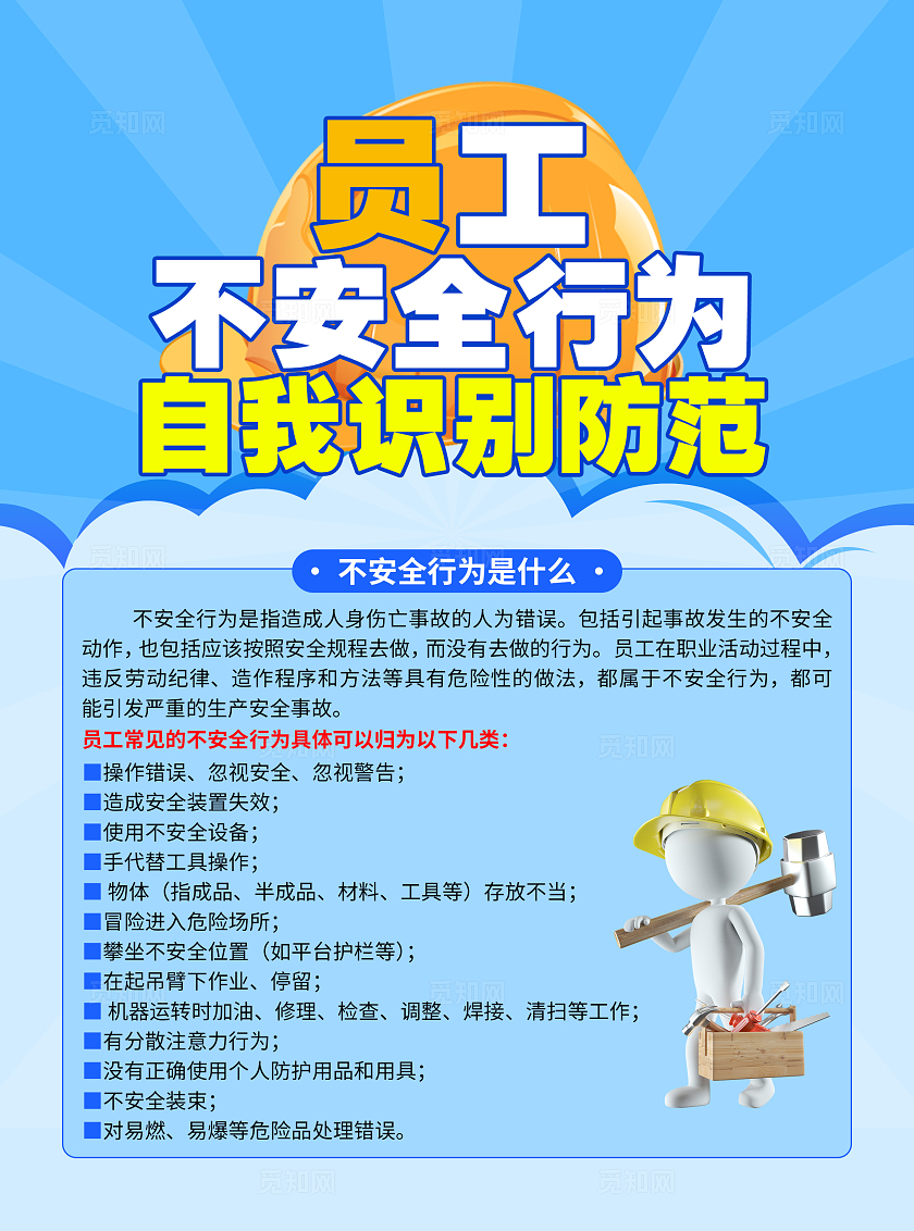 蓝色卡通员工不安全行为自我识别防范宣传单安全违章