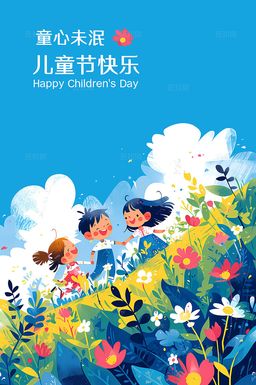 蓝色夏日趣味儿童节插画海报