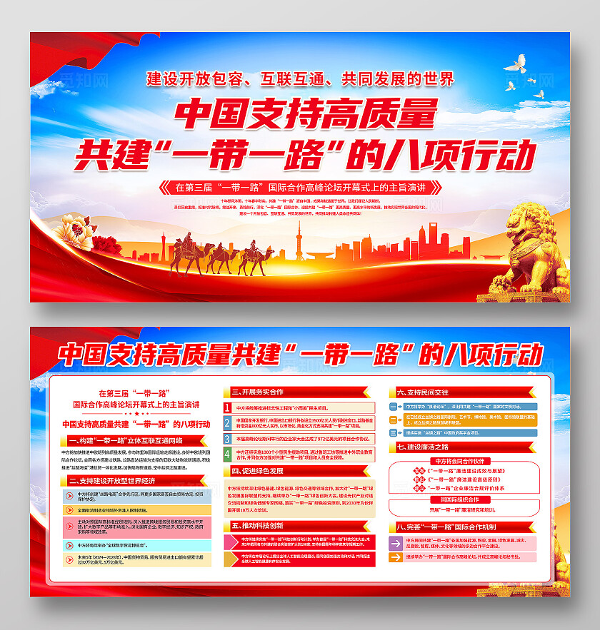 红色简约共建一带一路的八项行动一带一路展板宣传