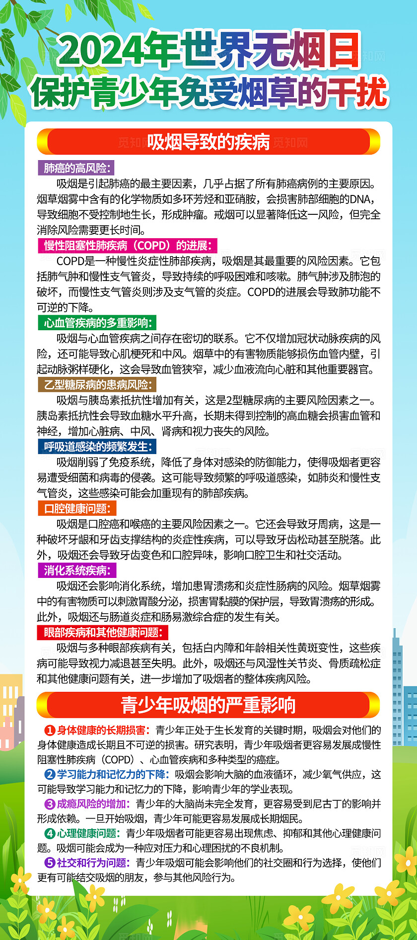 蓝绿色小清新世界无烟日青少年吸烟烟草健康教育展架