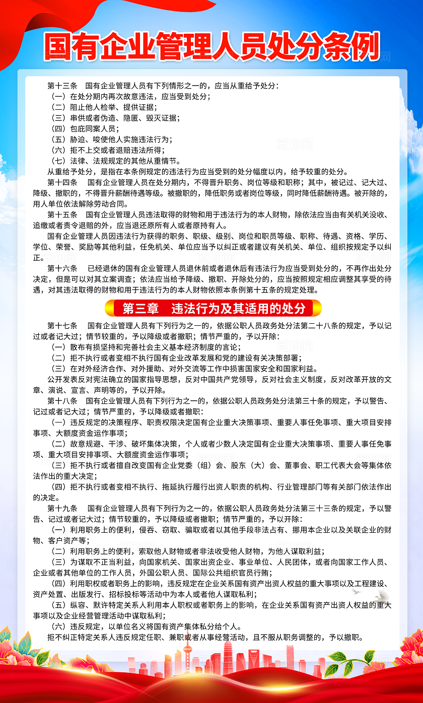 蓝色简约国有企业管理人员处分条例海报套图背景