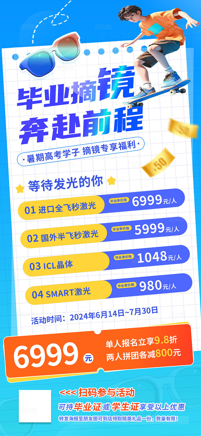 毕业季夏季清新蓝色眼科飞秒医疗健康优惠促销活动宣传海报