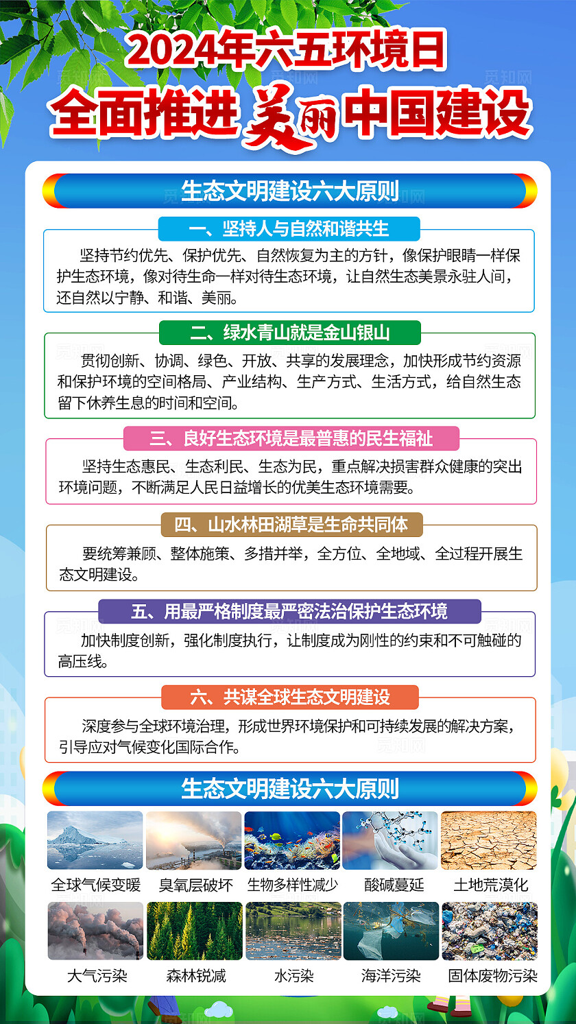 蓝绿色卡通2024世界环境日建设美丽中国环境保护宣传栏套图背景