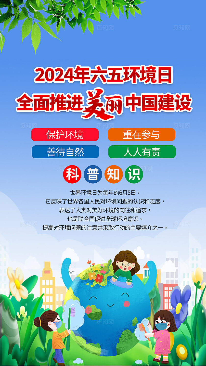 蓝绿色卡通2024世界环境日建设美丽中国环境保护宣传栏套图背景