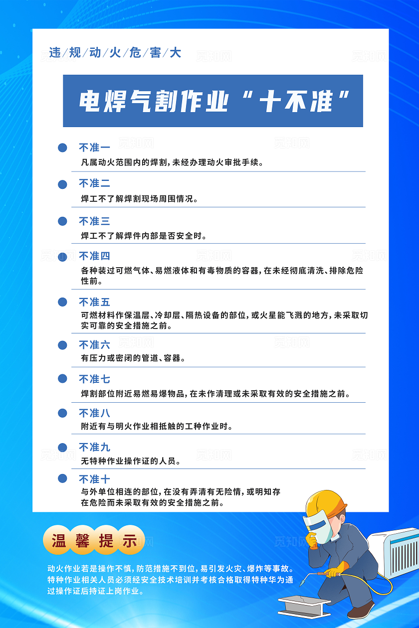 蓝色简约2024安全生产月电焊气割作业十不准安全违章海报宣传