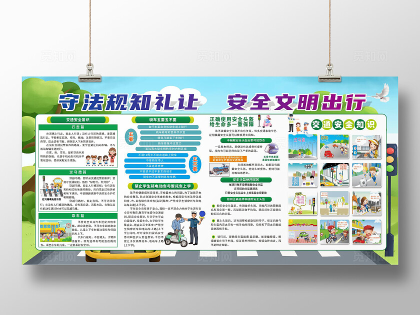 蓝色绿色守法规知礼让安全文明出行展板