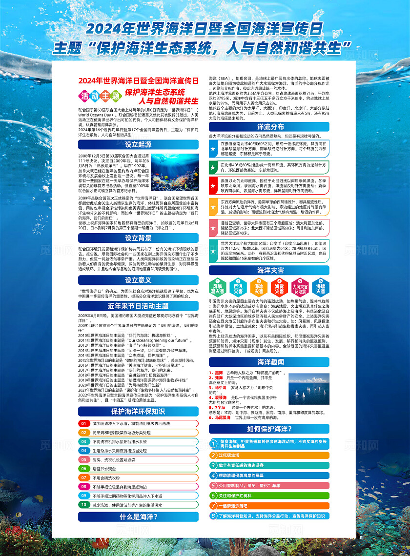 蓝色简约保护海洋生态系统人与自然和谐共生世界海洋日宣传单