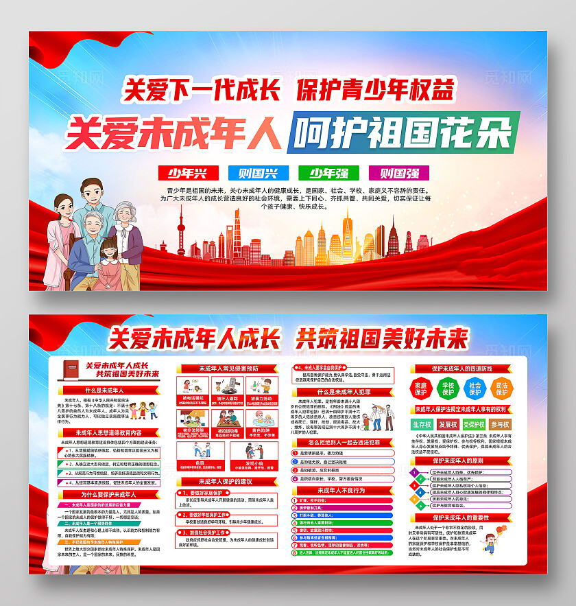 红色简约关爱未成年人呵护祖国花朵展板宣传栏