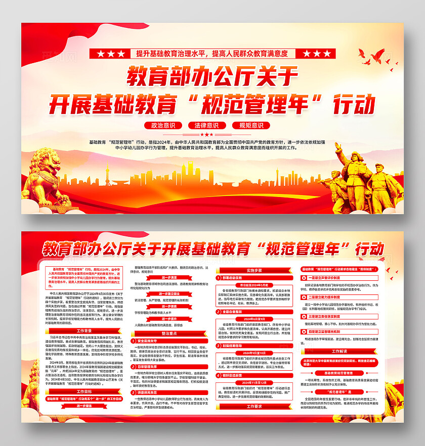 红色简约教育部办公厅关于开展基础教育规范管理年行动展板宣传