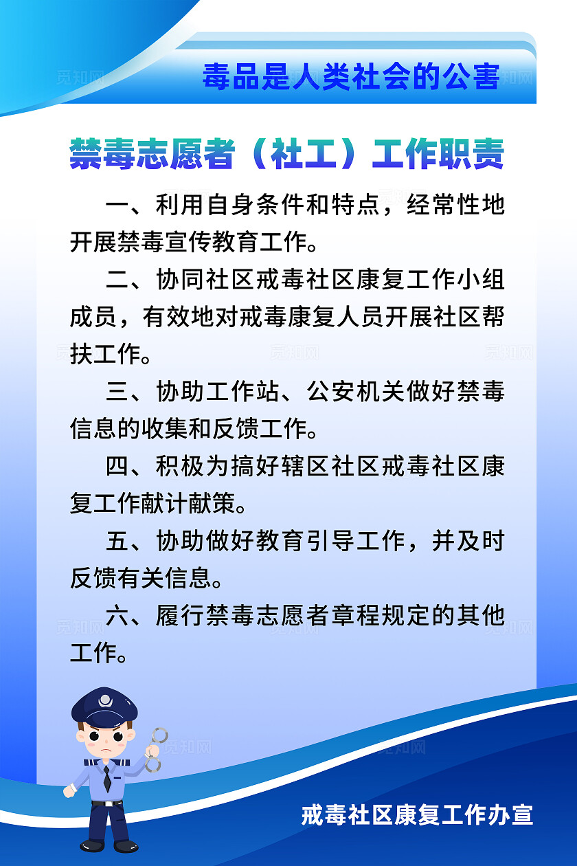 蓝色简约戒毒志愿者工作职责2024国际禁毒日海报宣传