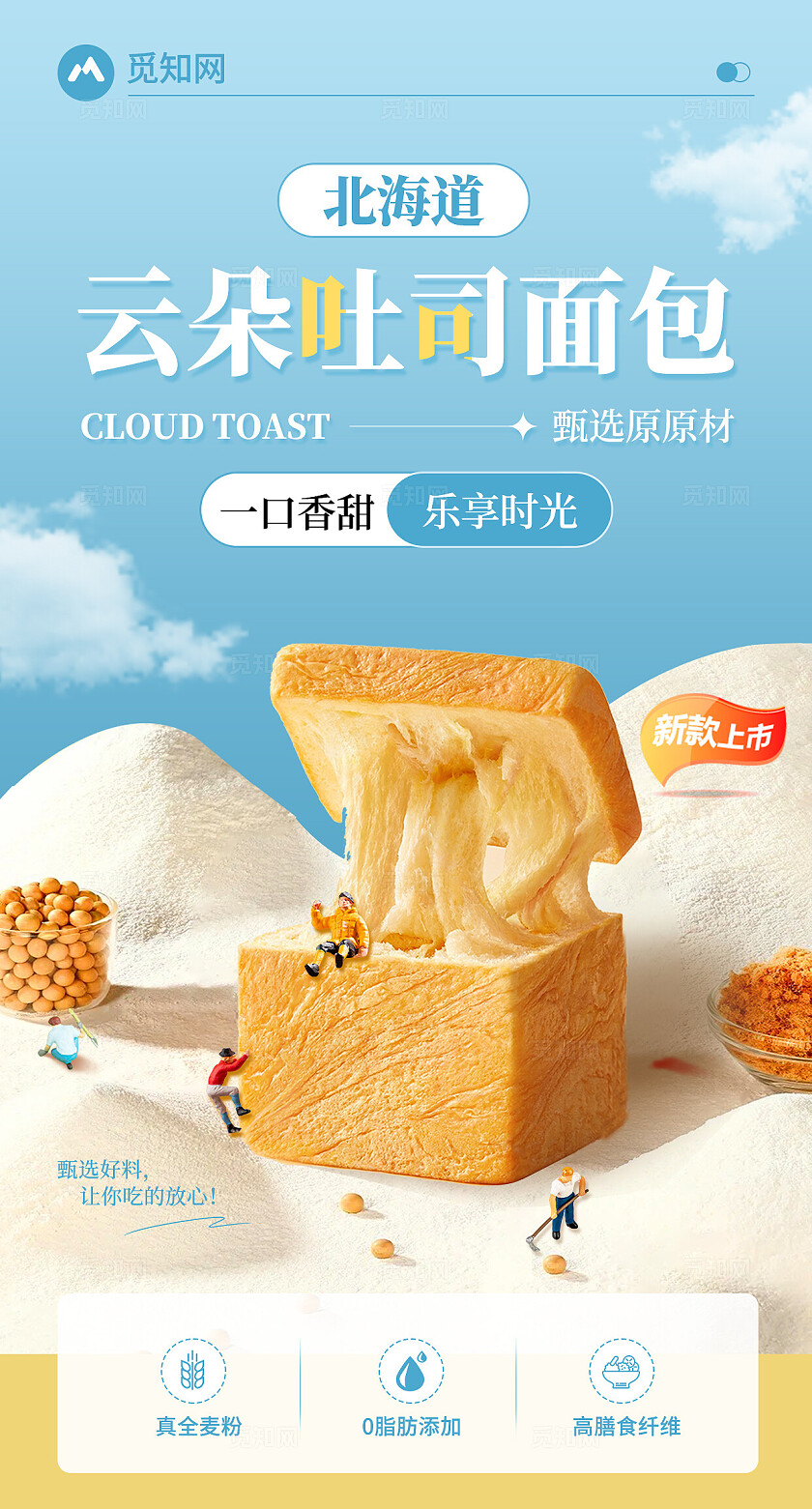 蓝色简约吐司面包烘焙面包手机宣传海报