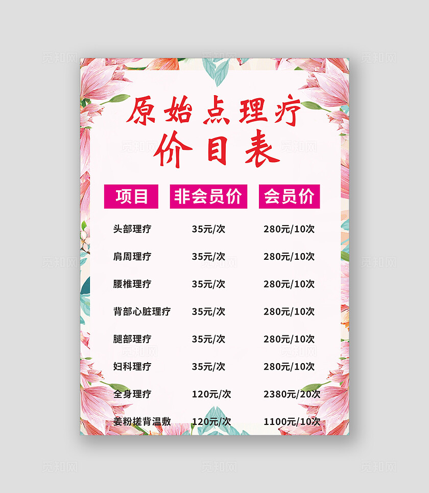 粉色淡雅原始点理疗价目表海报展板