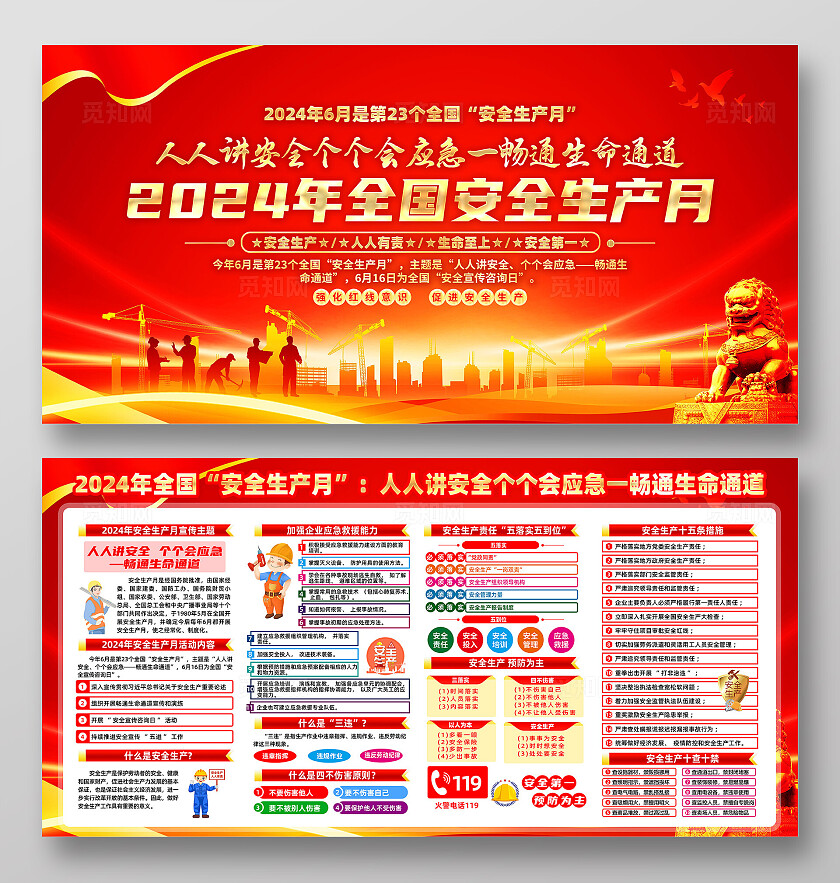红色简约2024全国安全生产月人人讲安全个个会应急展板宣传