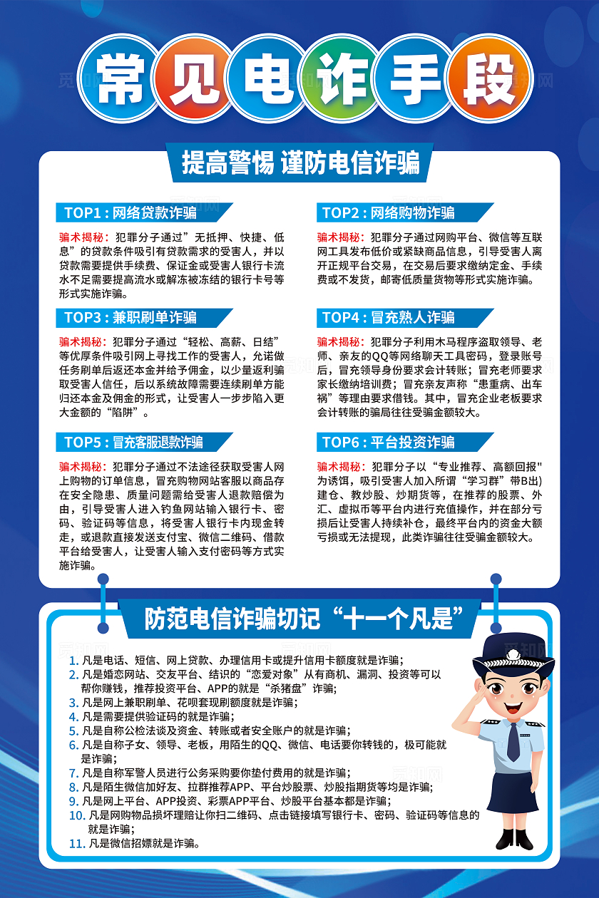 蓝色简约常见电炸手段全国防诈骗宣传日海报